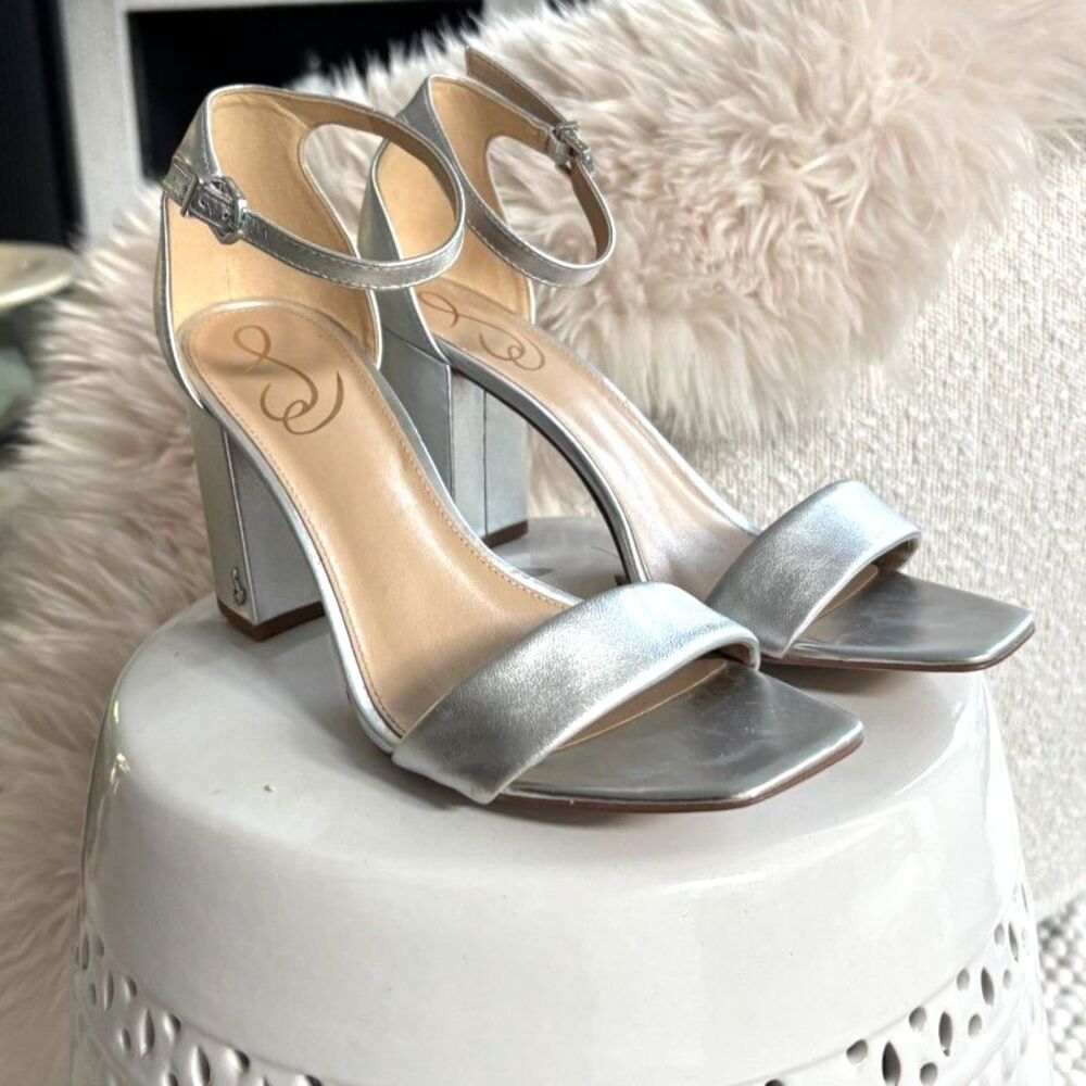 Sam Edelman Daniella Silver Metallic Ankle Strap Block Heel Sandal Size 9.5 M
